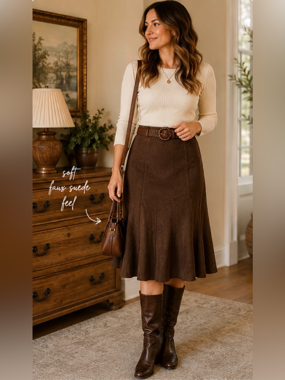 Dressbarn Brown Faux Suede Midi Skirt Size 8 Braided Belt Y2K Fluted Hem